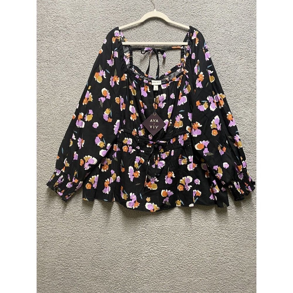 Ava & Viv Women's Top Size 4X  Black Purple Floral Print Long Sleeve Plus New